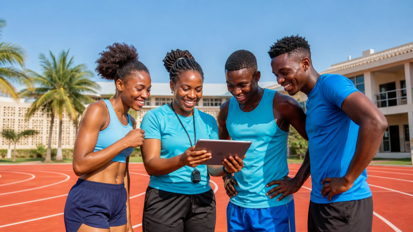 Une enseignante d’EPS et trois jeunes sportifs adultes réunis autour d’une tablette sur une piste d’athlétisme