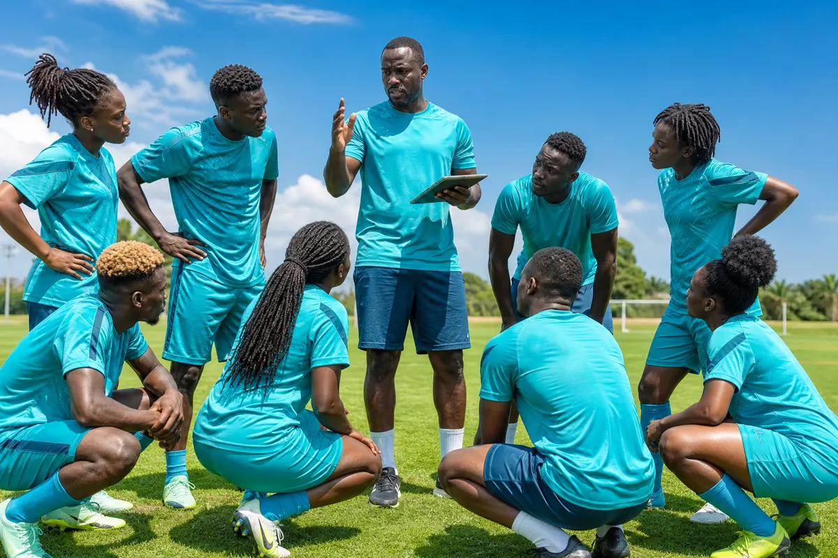Une équipe ivoirienne mixte en maillots turquoise échange avec son entraîneur