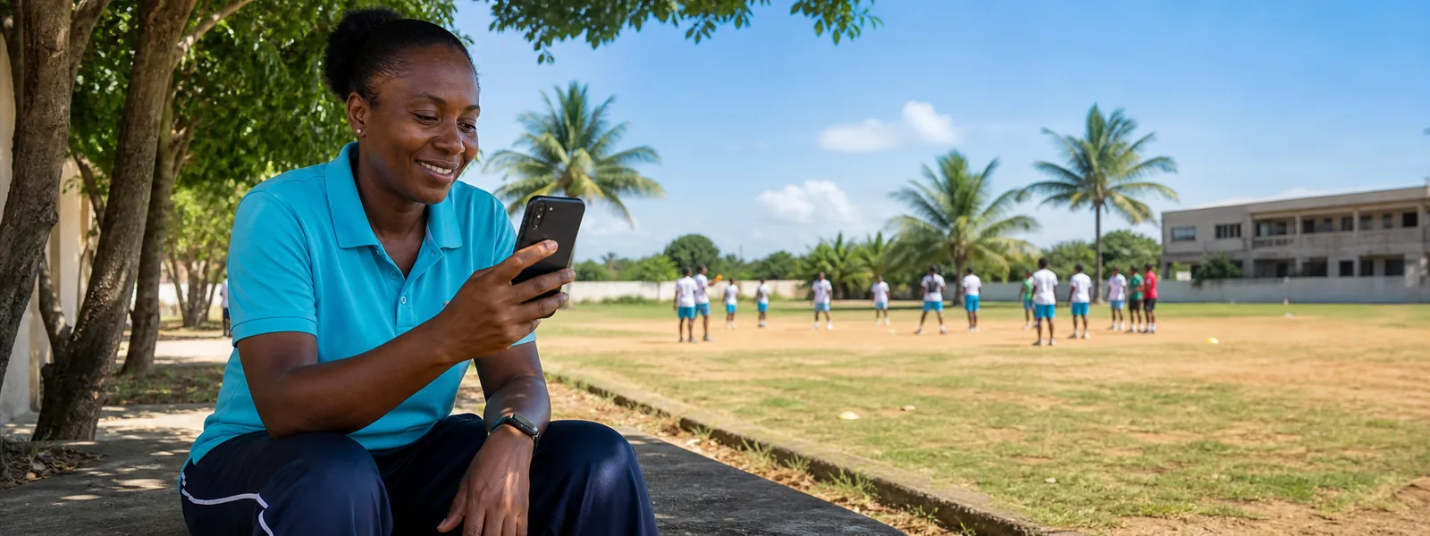 Enseignante d'EPS souriante consultant son téléphone au bord d'un terrain